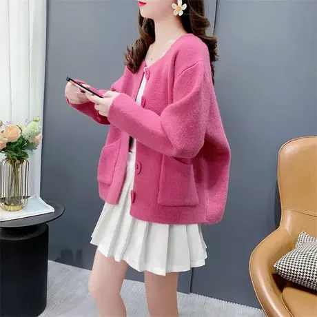 温柔风纯色V领针织开衫女春季2024年新款宽松小个子百搭毛衣外套图片