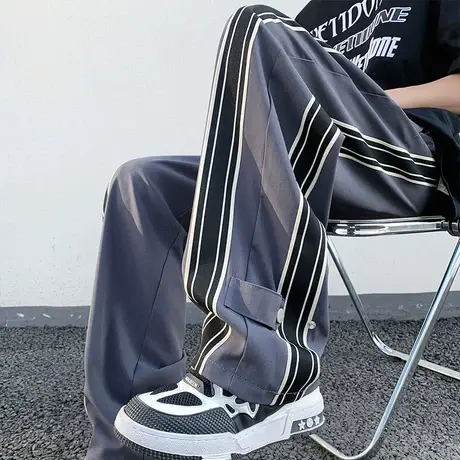 潮流排扣直筒宽松工装裤子男秋冬季阔腿拖地美式高街条纹休闲长裤商品大图