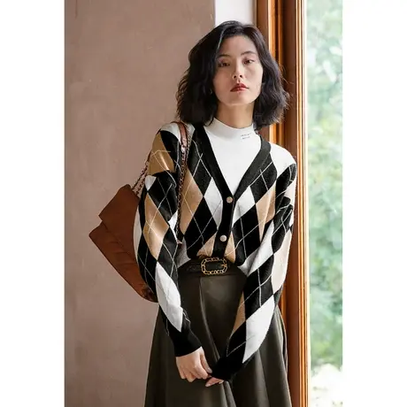 弥古菱格针织开衫女秋冬新款v领格子外穿毛衣外套学院风小众上衣商品大图