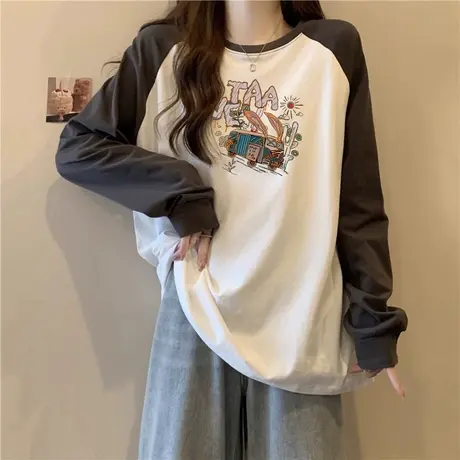 拼色插肩长袖T恤女早春秋冬百搭宽松大码内搭外穿打底衫上衣潮ins商品大图