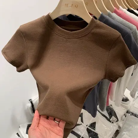 春夏白色短款圆领棉质短袖t恤女修身正肩打底体恤辣妹短装上衣潮商品大图