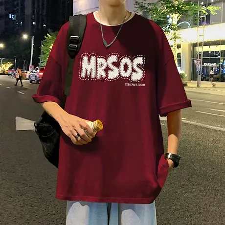 酒红色纯棉美式短袖t恤男夏季2024新款潮牌半袖宽松情侣装体恤衫商品大图