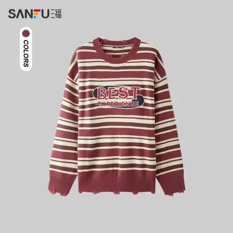 三福2024春季男士美式英文条纹毛衣 街头潮流圆领上衣男482280商品大图