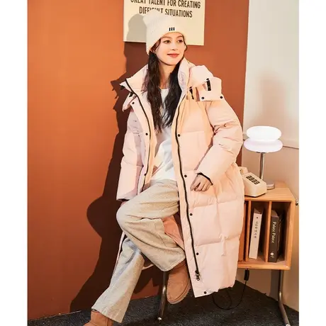 唐狮2024秋冬新款女长款羽绒服粉嫩韩系少女可爱保暖连帽围脖修身图片