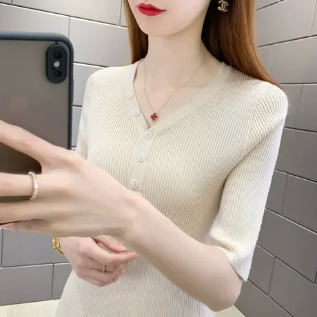 淑恋妃2025开春新款五分短袖V领纽扣修身纯色针织打底衫女装洋气图片