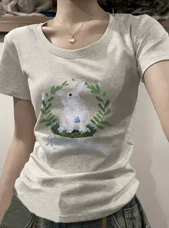 正肩夏季短袖t恤女修身显瘦别致小众设计感甜辣美式复古半袖上衣商品大图