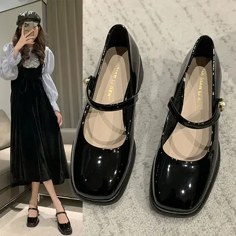法式晚风单鞋女赫本风温柔中粗跟玛丽珍女鞋优雅淑女小皮鞋高跟鞋图片