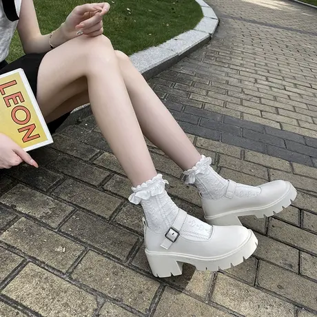 白色玛丽珍小皮鞋女2024春夏英伦风法式大头厚底高跟鞋日系jk单鞋图片