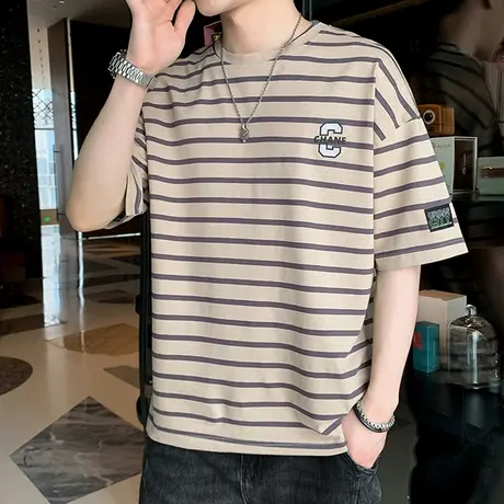 t恤男夏季条纹宽松纯棉字母印花体恤重磅280g新款休闲短袖潮流ins商品大图