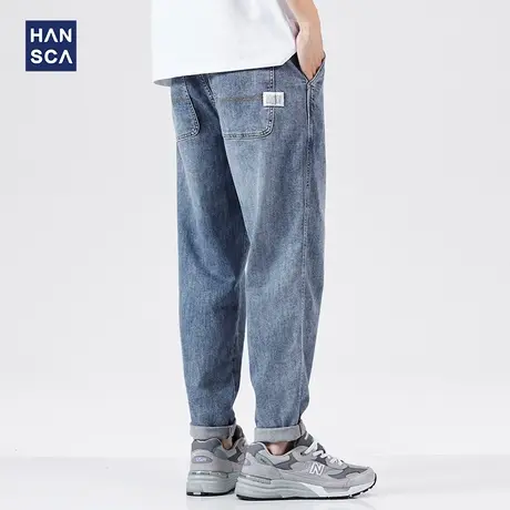 hansca春季水洗牛仔裤男蓝色直筒宽松复古潮流大码休闲阔腿长裤子商品大图