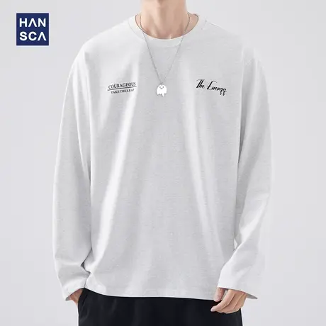 hansca 260g重磅纯色字母印花长袖t恤男春季新款圆领宽松大码上衣商品大图