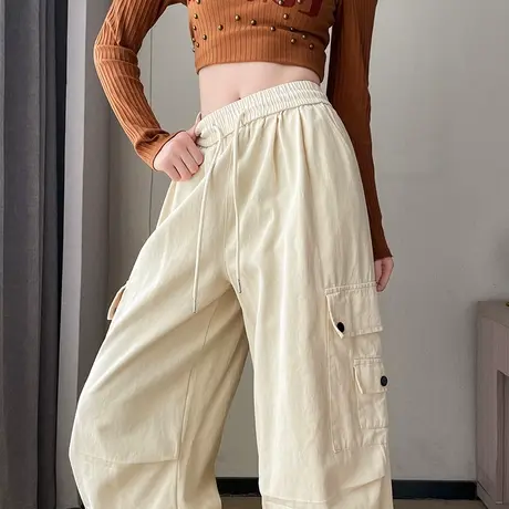 杏色美式工装裤女春秋2024高腰显瘦宽松大码休闲阔腿束脚运动裤子商品大图