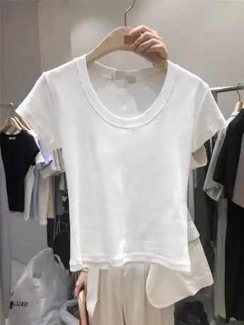 韩国东大门2024春季女装新款洋气纯色修身显瘦圆领短袖t恤女上衣商品大图