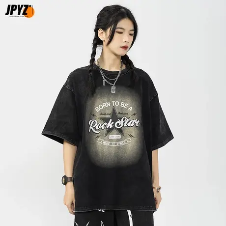潮流星星印花圆领纯棉短袖宽松休闲情侣美式街头水洗重磅t恤男商品大图