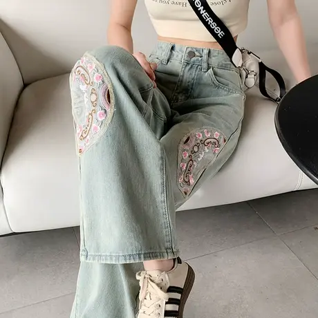 中国风刺绣高腰直筒牛仔裤女春秋新款宽松显瘦小个子民族风阔腿裤商品大图
