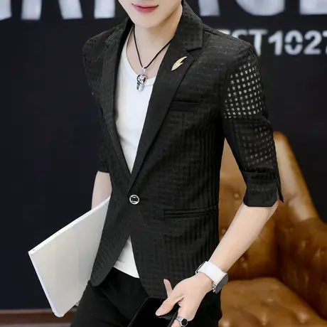 男士夏季七分袖西装理发型师韩版镂空单西薄外套男中袖修身小西服商品大图