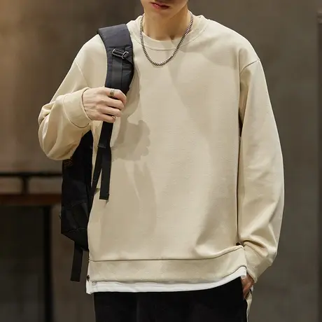 2023新款男士假两件中性风长袖t恤卫衣春秋款重磅圆领上衣服秋季图片