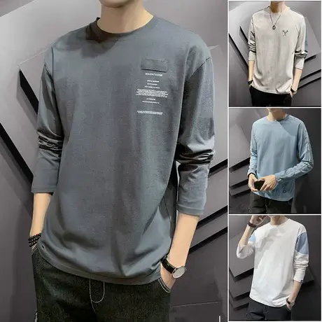 夏季薄款男士长袖t恤纯棉2023新款宽松休闲春夏装大码圆领T恤男装商品大图