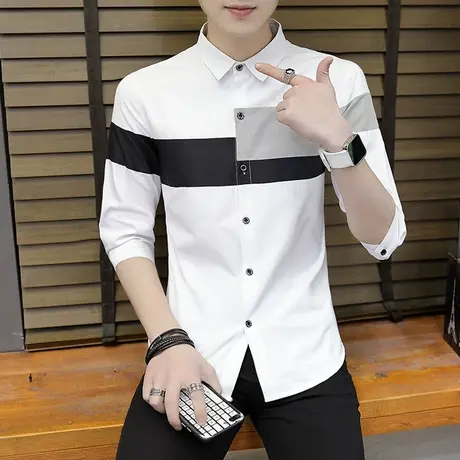 短袖衬衫男修身韩版潮流七分袖寸衫夏季男装中袖衣服帅气薄款衬衣商品大图