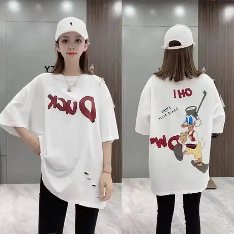 欧洲站百搭字母短袖T恤女2022夏季新款大版上衣宽松休闲破洞体恤商品大图