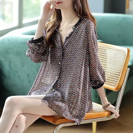 宝诗黎印花拼接雪纺衬衫2023夏季新款时尚女装宽松休闲长袖上衣薄商品大图