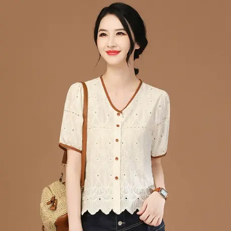 韩潮袭人小香风V领镂空女士衬衫短袖夏季短款上衣娃娃衫法式衬衣图片