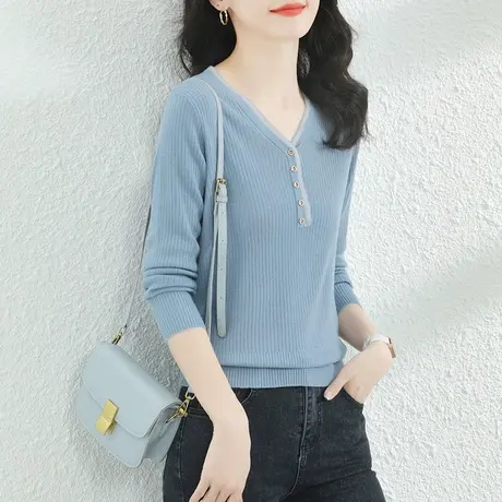 韩潮袭人韩系V领毛衣女假两件拼接秋款针织长袖上衣薄套头打底衫图片