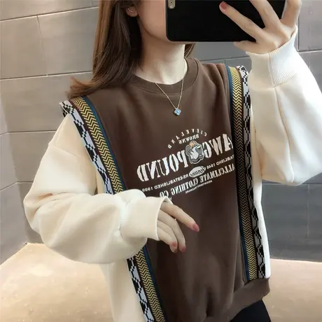 卫衣女2023秋冬新款字母加绒加厚休闲假两件拼接慵懒风设计感显瘦商品大图