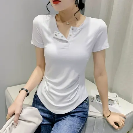 2023夏装新款弧形下摆不规则T恤女短袖紧身高腰上衣气质百搭小衫图片