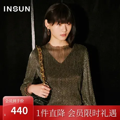 [鎏金系列]恩裳COVER2023秋季新款半高领双层设计微透亮丝针织衫商品大图