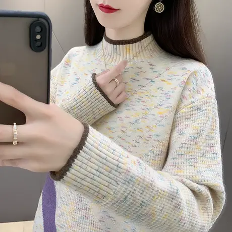 冬季加厚复古半高领毛衣2023新款秋冬针织衫内搭打底衫女士洋气商品大图