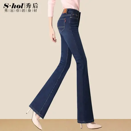 中年妈妈女裤弹力高腰微喇牛仔裤女长裤大码加长裤子高个子喇叭裤商品大图