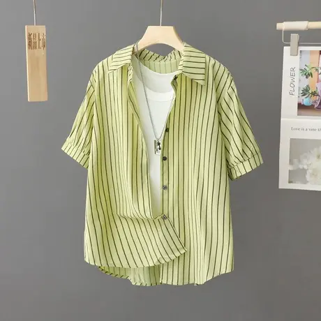 绿色条纹薄衬衫女短袖夏季2023新款设计感小众上衣小个子衬衣开衫商品大图