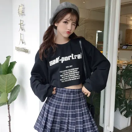 樱田川岛bf原宿风长袖t恤女宽松学生短款韩版chic慵懒早秋上衣潮商品大图