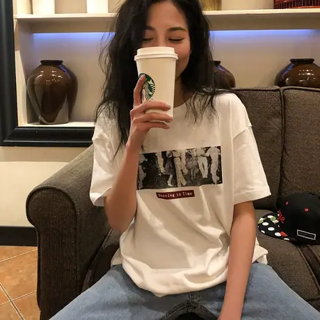 2023新款韩版夏装短袖女韩版网红宽松百搭复古印花ins半袖t恤上衣商品大图