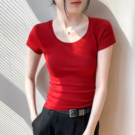 短袖打底衫女春夏紧身纯色圆领百搭上衣开衫内搭修身显瘦半袖T恤商品大图