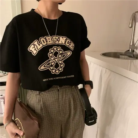 红续新款韩版印花圆领纯棉短袖正肩T恤2023百搭简约上衣宽松显瘦商品大图