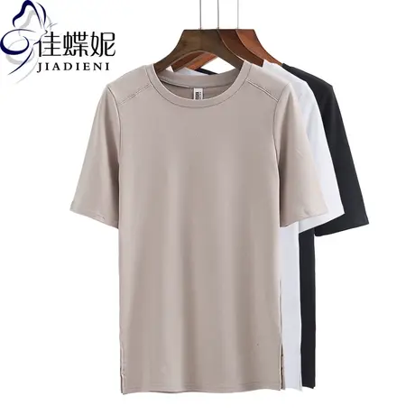 春夏新圆领T恤五分袖女装开叉宽松纯棉中袖体恤简短袖内搭打底衫图片