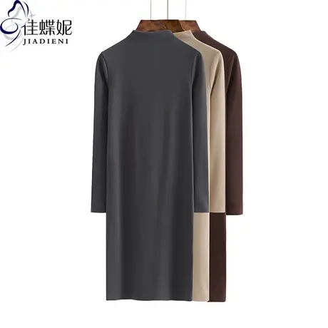 秋冬季新款韩版中长款体恤长袖女装半高领修身打底纯色纯白连衣裙商品大图