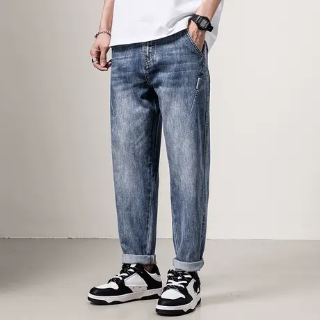 破洞直筒牛仔裤浅蓝宽松做旧直筒裤高街水洗休闲裤子简约牛仔裤图片