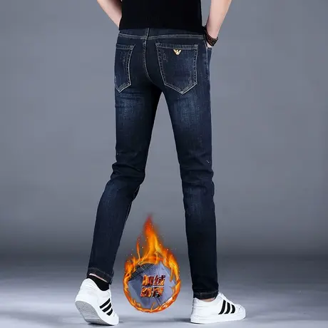 男士品牌百搭美式加绒牛仔裤男秋冬款新款修身小脚休闲裤子男保暖商品大图