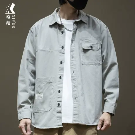 希越浅色外穿工装长袖衬衫男设计感拼接水洗衬衣秋冬宽松大码男装商品大图