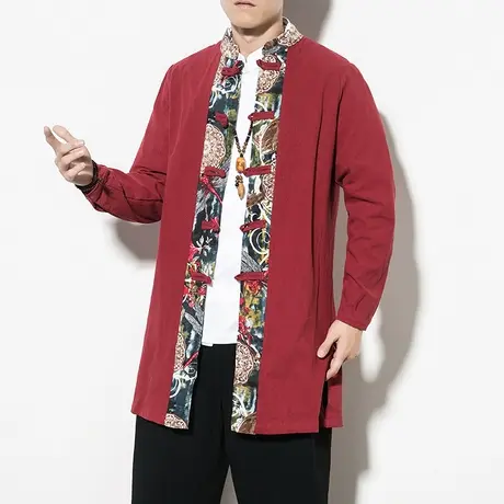 2023春秋款中长款男中国风长袖衬衫拼拼中式盘扣唐装衬衣休闲外套商品大图