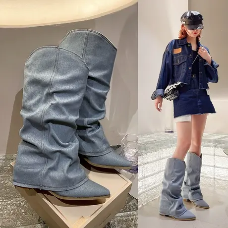 长靴女尖头高跟西部牛仔靴复古蓝色粗跟大筒围裤管靴骑士高筒靴子图片