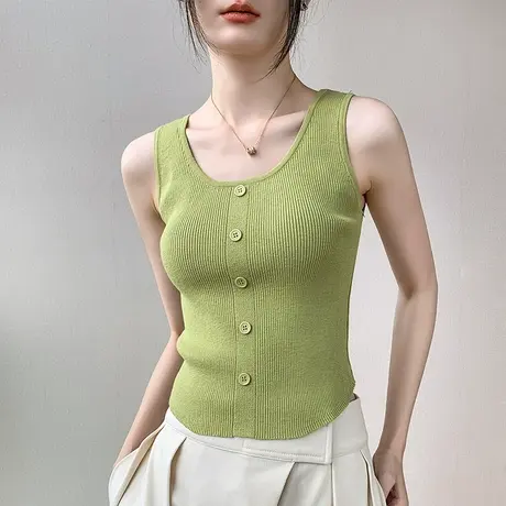 大u领针织吊带背心女2023春夏新款修身显瘦露锁骨排扣设计感上衣商品大图