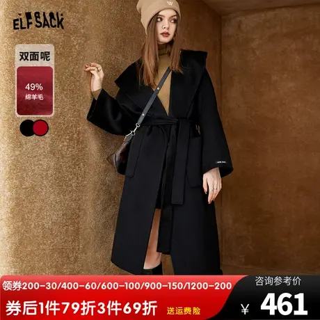 妖精的口袋连帽黑色双面呢大衣女2022秋冬季新款小个子中长款外套图片