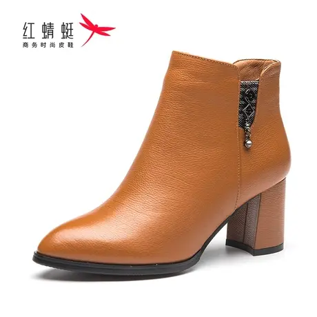 红蜻蜓女鞋女靴秋冬新款短靴粗跟尖头真皮时尚百搭加绒保暖棉皮鞋图片