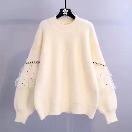 水貂绒毛衣女秋冬外穿2023秋冬新款加厚慵懒风减龄网纱拼接针织衫图片