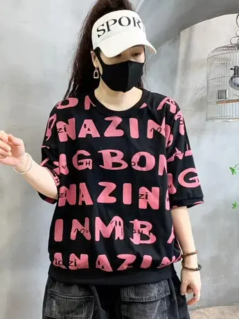 时尚休闲字母印花短袖T恤女夏季洋气减龄宽松显瘦圆领百搭上衣服商品大图