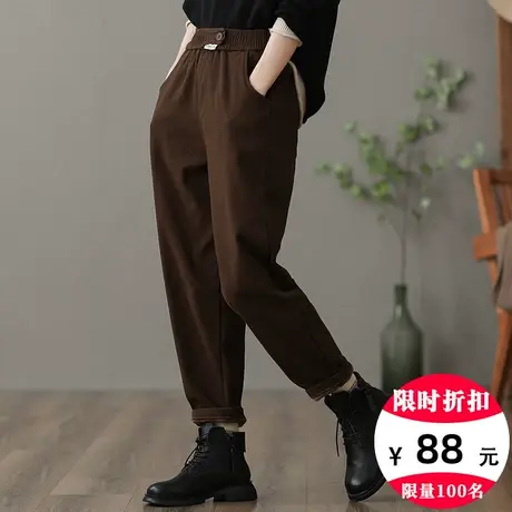 dza 纯棉加绒直筒裤子女冬季宽松阔腿裤休闲哈伦裤百搭加厚工装裤商品大图